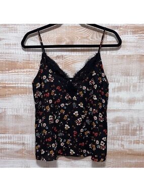 Black Floral Spaghetti Strap Top with V-Neck Lace Trim in Size Small